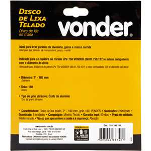 Disco de lixa telado, 7" - 180 mm, grão 180, embalagem com 5 peças, VONDER