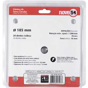 Lâmina de serra circular com dentes de metal duro/vídea, 185 mm x 16 mm, 24 dentes, NOVE54