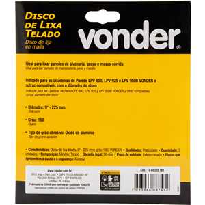 Disco de lixa telado, 9" - 225 mm, grão 180, embalagem com 5 peças, VONDER