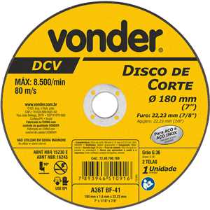 Disco de corte 180 mm x 1,6 mm x 22,23 mm, DCV, VONDER
