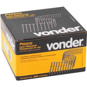 Prego coil liso, 2,5 mm x 50 mm, zincado, carretel com 300 unidades, para o pregador PP 700, VONDER