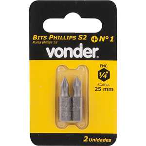 Bits/ponteira phillips S2, encaixe 1/4", nº 1, 3/16" x 25 mm, com 2 peças, VONDER
