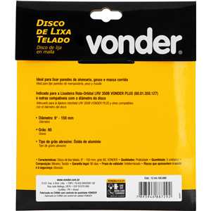 Disco de lixa telado, 6" - 150 mm, grão 80, embalagem com 5 peças, VONDER