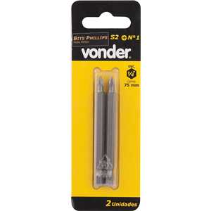 Bits/ponteira phillips S2, encaixe 1/4", nº 1, 3/16" x 75 mm, com 2 peças, VONDER