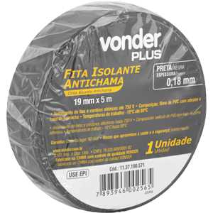 Fita isolante, 19,0 mm x 5 m, preta, VONDER PLUS