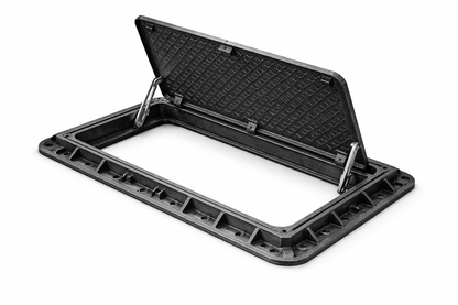 A black metal lid or cover is shown, with its top half open, revealing a flat surface underneath.