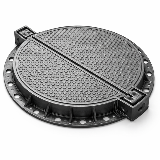 TAMPÃO DE FERRO FUNDIDO BIPARTIDO - 980 X 1280 MM - ARTICULADO - CL 300