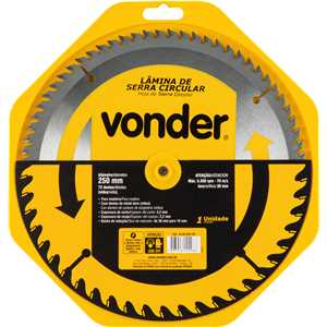 Lâmina de serra circular com dentes de metal duro/vídea, 250 mm x 30 mm, 72 dentes, VONDER