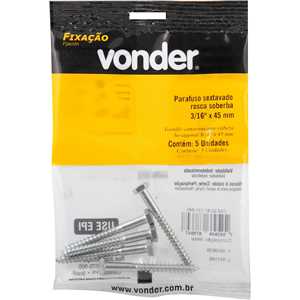 Parafuso sextavado rosca soberba 3/16" x 45 mm, cartela com 5 peças, VONDER