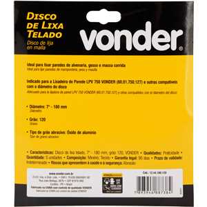 Disco de lixa telado, 7" - 180 mm, grão 120, embalagem com 5 peças, VONDER