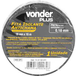 Fita isolante, 19,0 mm x 10 m, preta, VONDER PLUS