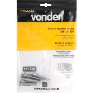 Parafuso sextavado zincado, 3/16" x 1", UNC, rosca total, VONDER