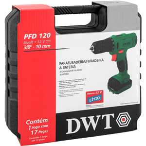Parafusadeira/furadeira a bateria, 12 V, fonte bivolt automática, PFD 120 DWT