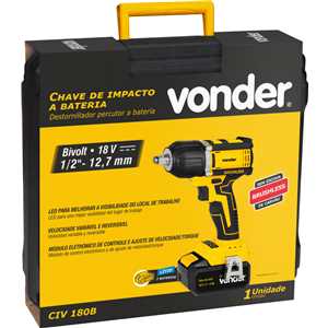 Chave de impacto, bateria 18V, encaixe de 1/2", carregador bivolt, CIV 180B, VONDER