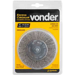 Escova circular 4", cerdas em aço inox, 20.000/min, com haste 1/4", VONDER