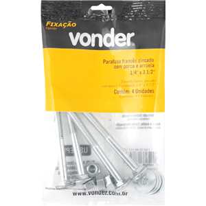 Parafuso francês zincado, 1/4" x 3.1/2", com porca e arruela, cartela com 4 conjuntos, VONDER