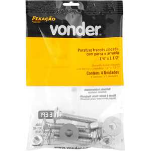 Parafuso francês zincado, 1/4" x 1.1/2", com porca e arruela, cartela com 4 conjuntos, VONDER