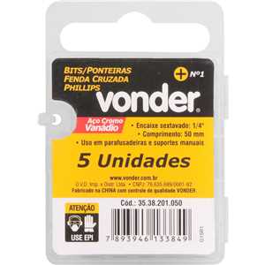 Bits/ponteira phillips com encaixe 1/4", nº 1 x 50 mm, com 5 peças, VONDER