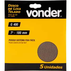 Disco de lixa telado, 7" - 180 mm, grão 400, embalagem com 5 peças, VONDER