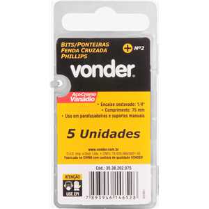 Bits/ponteira phillips com encaixe 1/4", nº 2 x 75 mm, com 5 peças, VONDER