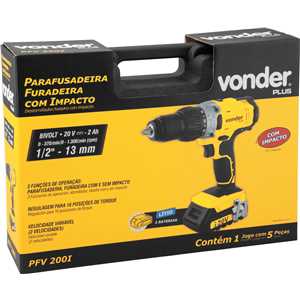 Parafusadeira/furadeira de impacto a bateria, 20 V, fonte de carregamento bivolt automática, PFV 200I VONDER PLUS