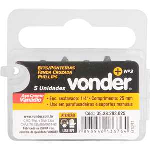 Bits/ponteira phillips com encaixe 1/4", nº 3 x 25 mm, com 5 peças, VONDER