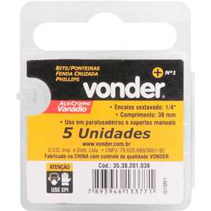 Jogo de bits/ponteira phillips, com encaixe 1/4", nº 1 x 38 mm, cartela com 5 peças, VONDER
