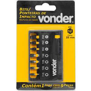 Jogo de bits/ponteiras de impacto, S2, com 9 peças, encaixe sextavado 1/4", VONDER