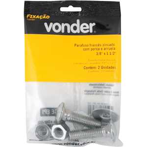 Parafuso francês zincado, 3/8" x 1.1/2", com porca e arruela, cartela com 2 conjuntos, VONDER