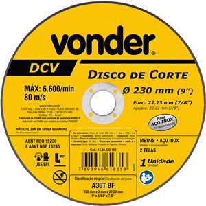 Disco de corte 230 mm x 2 mm x 22,23 mm, DCV, VONDER