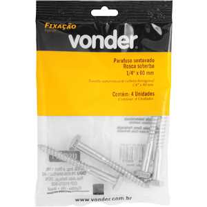 Parafuso sextavado rosca soberba 1/4" x 60 mm, cartela com 4 peças VONDER