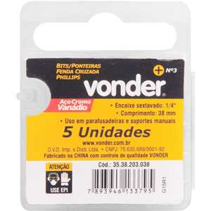 Bits/ponteira phillips com encaixe 1/4", nº 3 x 38 mm, com 5 peças, VONDER