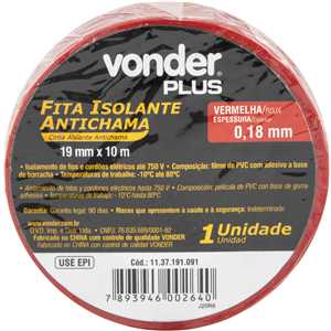 Fita isolante, 19 mm x 10 m, vermelha, VONDER PLUS