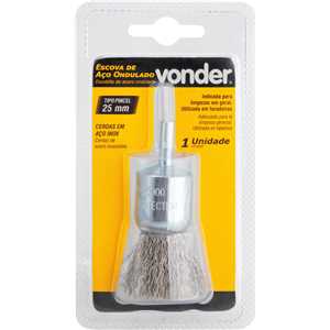 Escova pincel 25 mm, aço inox, cerdas onduladas, haste 1/4", VONDER