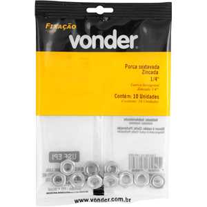 Porca sextavada 1/4" UNC, zincada, cartela com 10 peças, VONDER