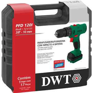 Parafusadeira/furadeira de impacto a bateria, 12 V, fonte bivolt automática, PFD 120I DWT