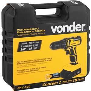 Parafusadeira/furadeira a bateria, 20 V, fonte de carregamento bivolt automática, PFV 020 VONDER