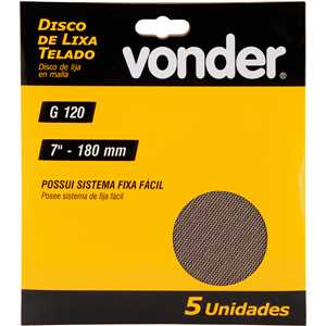 Disco de lixa telado, 7" - 180 mm, grão 120, embalagem com 5 peças, VONDER
