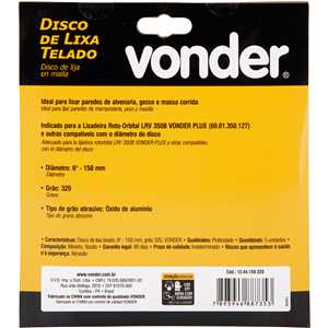 Disco de lixa telado, 6" - 150 mm, grão 320, embalagem com 5 peças, VONDER