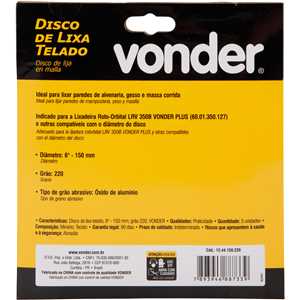 Disco de lixa telado, 6" - 150 mm, grão 220, embalagem com 5 peças, VONDER