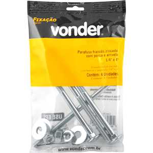 Parafuso francês zincado, 1/4" x 4", com porca e arruela, cartela com 4 conjuntos, VONDER