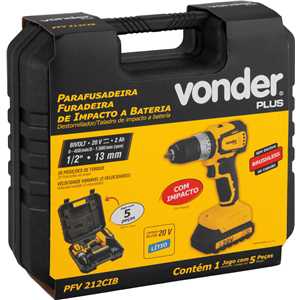Parafusadeira/furadeira de impacto a bateria, 20 V, fonte de carregamento bivolt automática, PFV 212CIB VONDER PLUS