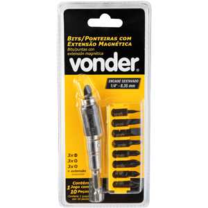 Jogo de bits/ponteiras com extensão magnética, com 10 peças, encaixe sextavado 1/4", VONDER
