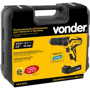 Parafusadeira/furadeira de impacto a bateria, 12 V, fonte de carregamento bivolt automática jogo com 74 acessórios, PFV 074 VONDER