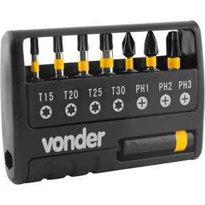 Jogo de bits/ponteiras de impacto, S2, com 9 peças, encaixe sextavado 1/4", VONDER