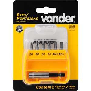 Jogo de bits/ponteiras, com 7 peças, encaixe sextavado 1/4", VONDER