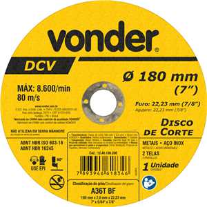 Disco de corte 180 mm x 2 mm x 22,23 mm DVC, VONDER