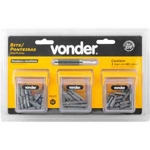 Jogo de bits/ponteiras com 61 peças, encaixe sextavado de 1/4", VONDER