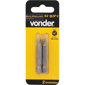 Bits/ponteira phillips S2, encaixe 1/4", nº 1, 3/16" x 50 mm, com 2 peças, VONDER