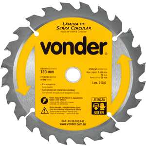 Lâmina de serra circular com dentes de metal duro/vídea, 180 mm x 20 mm, 24 dentes, VONDER
